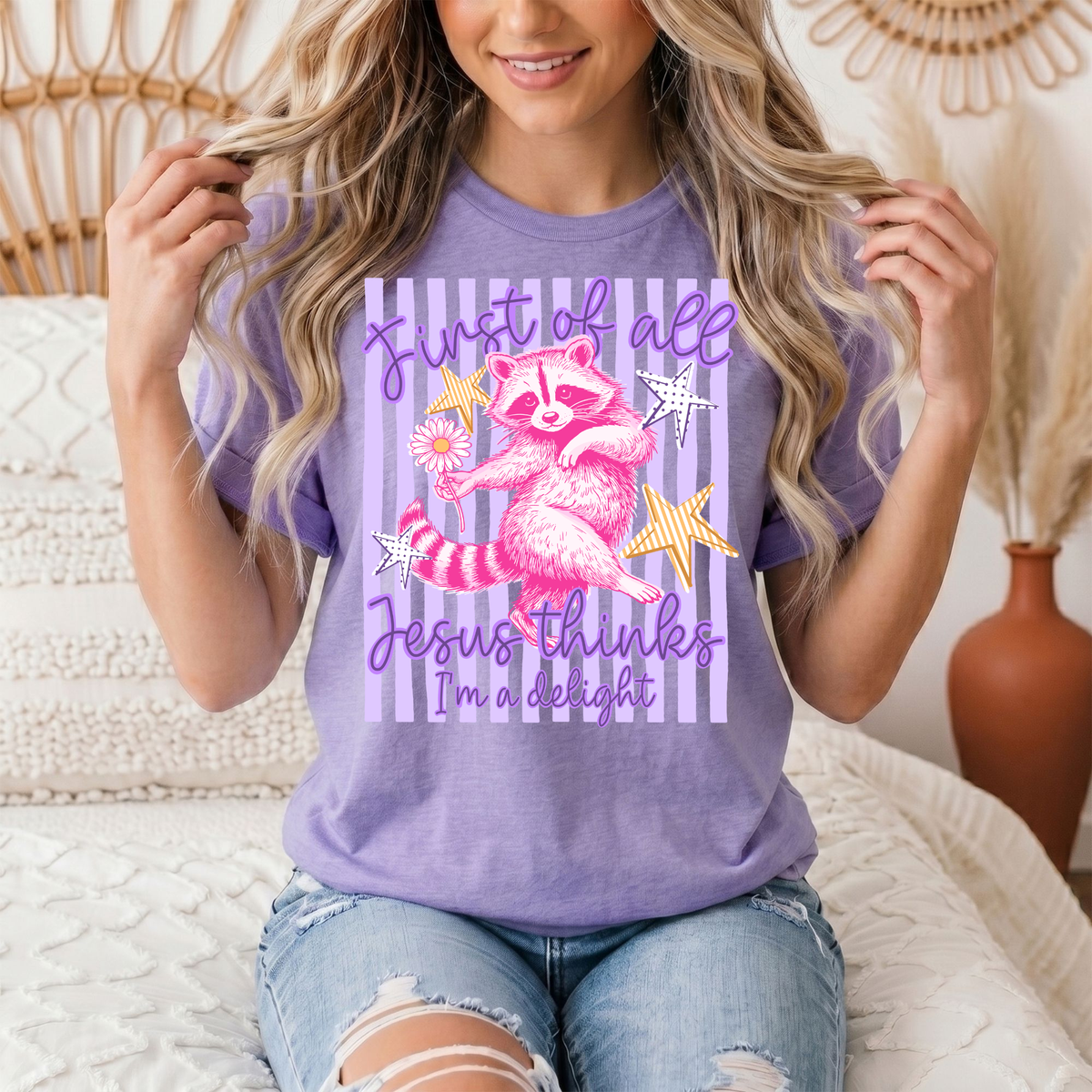 Jesus Thinks I'm a Delight Pink Raccoon Graphic Tee