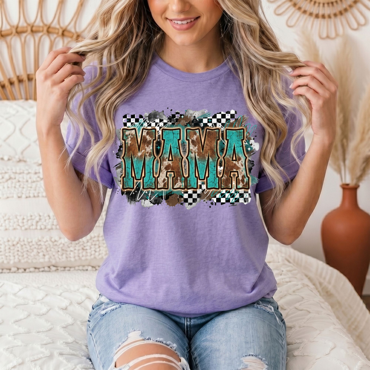 Turquoise & Cow Print Mama Western Graphic Tee