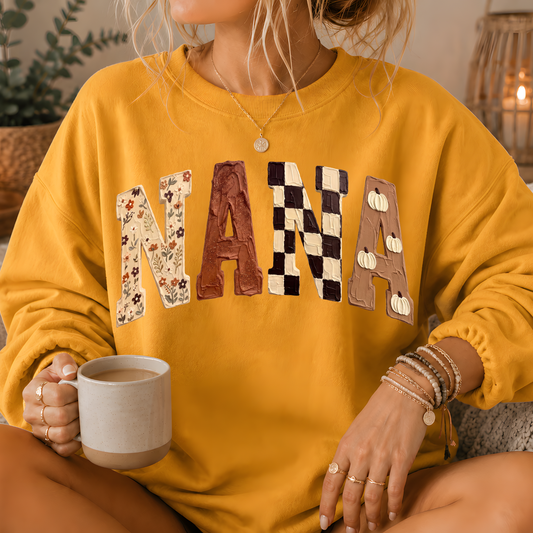 Nana Fall Patchwork Print Crewneck Sweatshirt