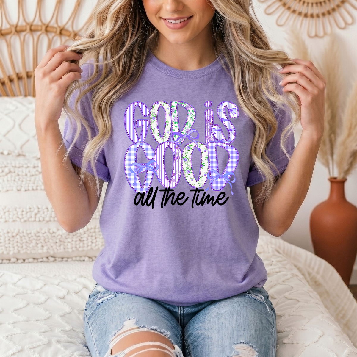 God Is Good All the Time Purple Bow Graphic Tee