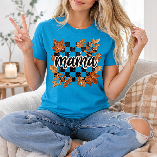Mama Fall Leaves & Checkerboard Graphic Tee