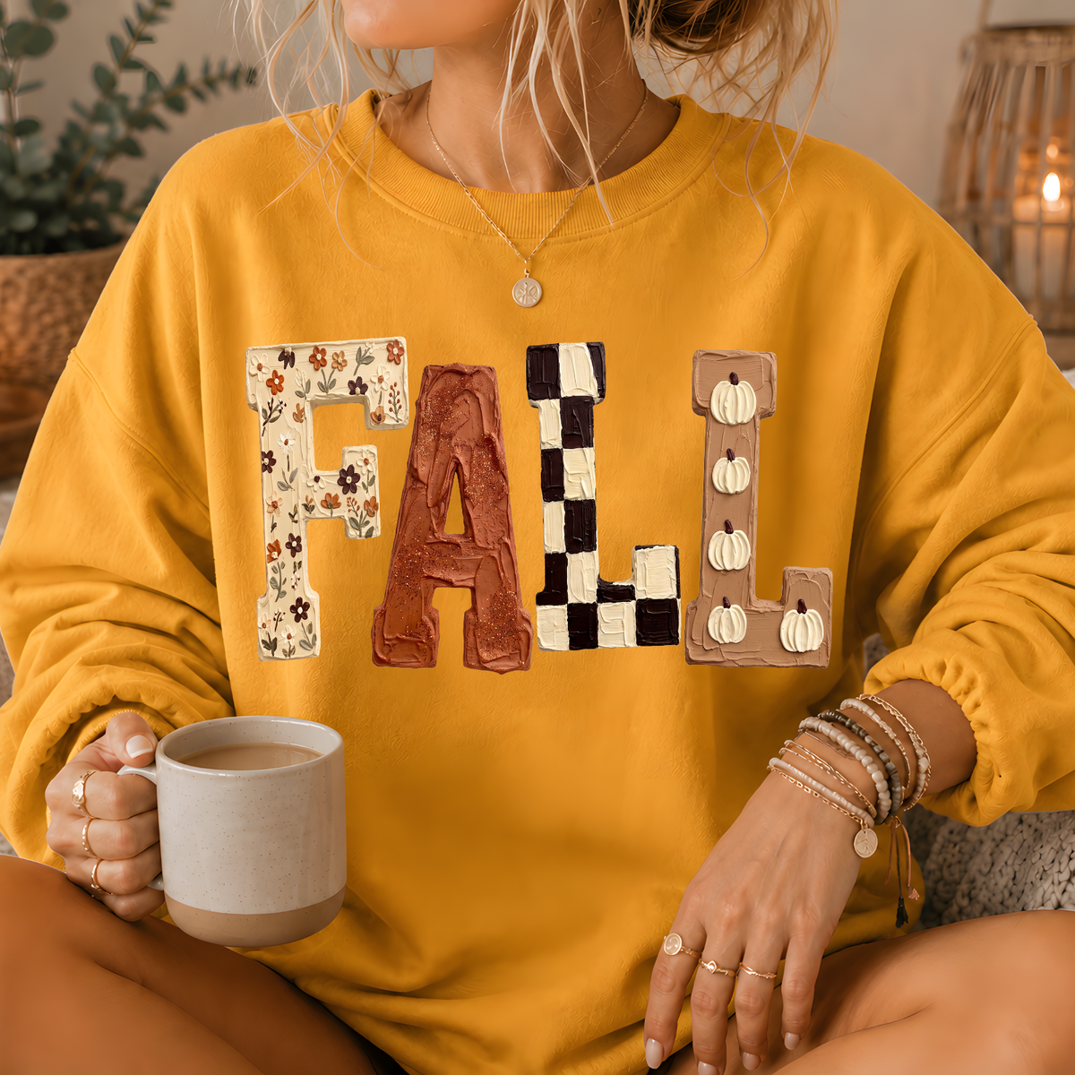 Fall Patchwork Print Crewneck Sweatshirt