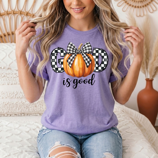 God Is Good Pumpkin & Gingham Bow Graphic Tee