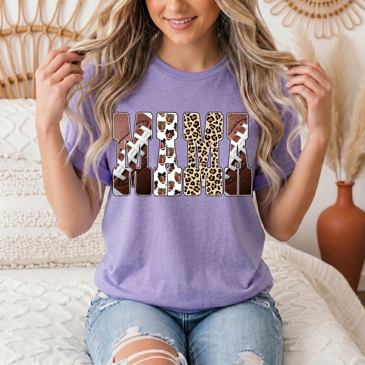 Mama Football & Leopard Mixed Print Graphic Tee