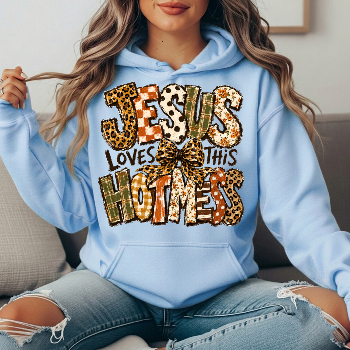 Jesus Loves This Hot Mess Leopard Bow Graphic Hoodie