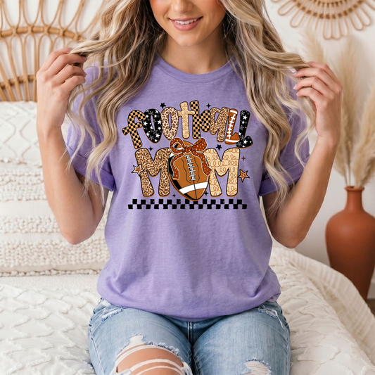 Football Mom Mixed Print Bow & Checkerboard Graphic Tee