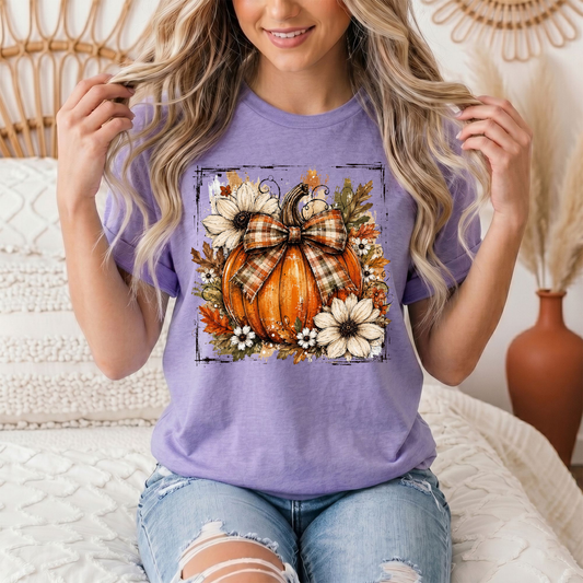 Fall Pumpkin Floral & Plaid Bow Graphic Tee