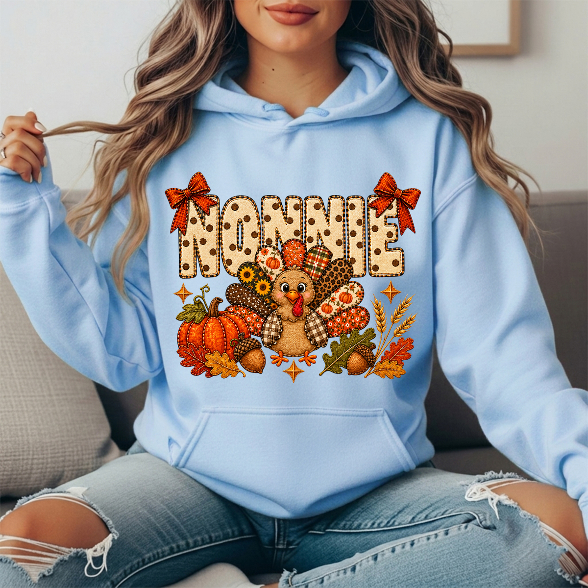 Nonnie Thanksgiving Patchwork Turkey Bow Graphic Hoodie