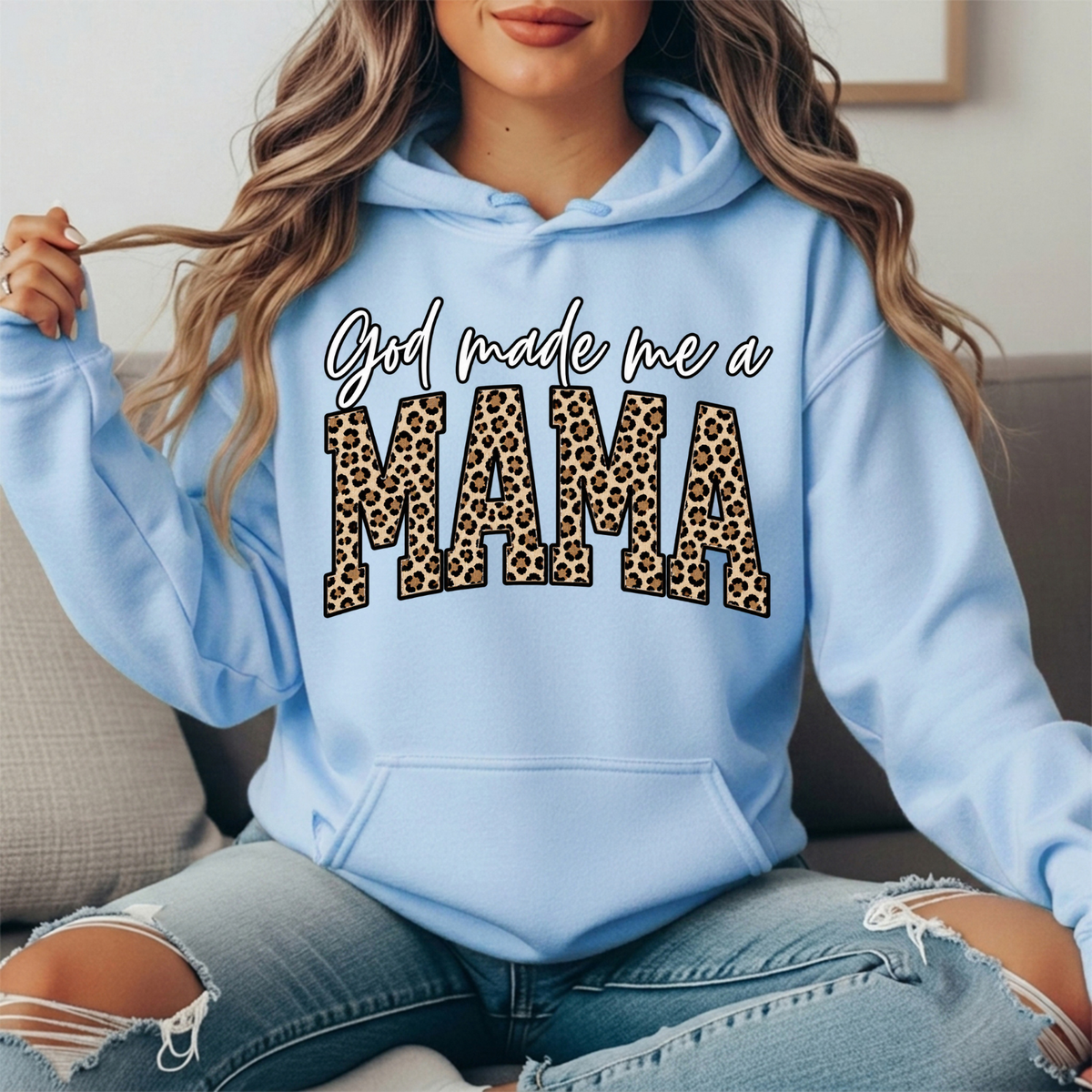 God Made Me a Mama Leopard Print Graphic Hoodie