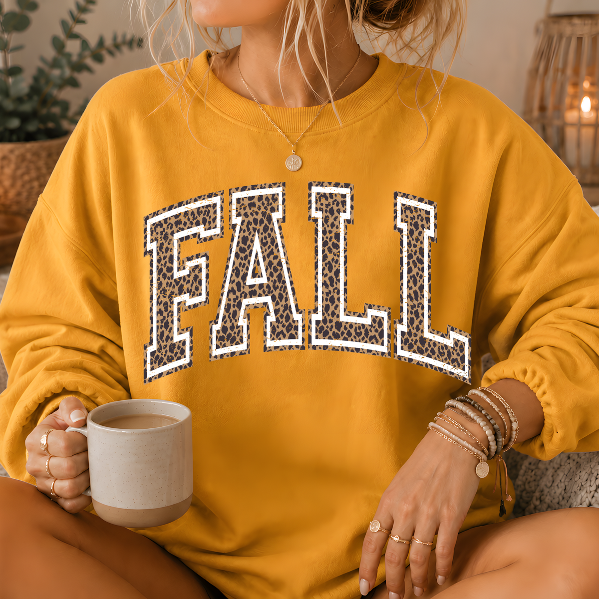 Fall Leopard Print Varsity Crewneck Sweatshirt