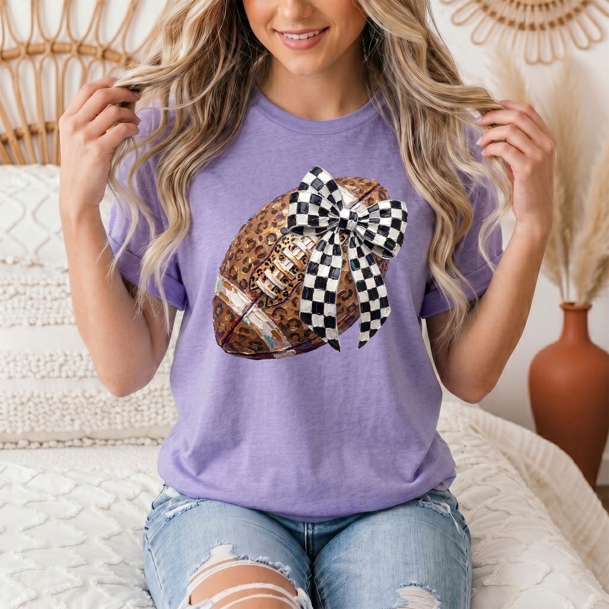 Leopard Football & Checkerboard Bow Graphic Tee