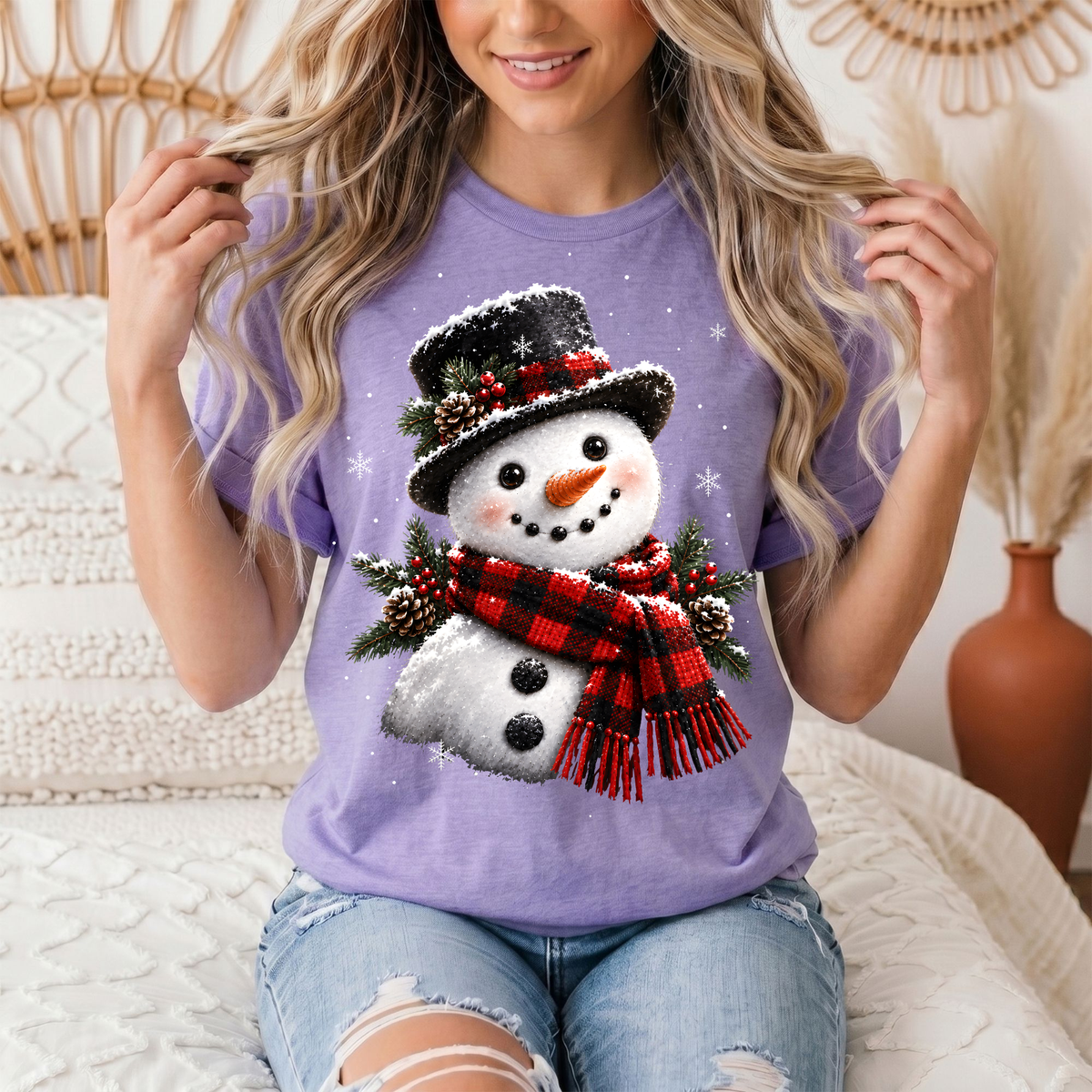 Snowman Buffalo Plaid Scarf Christmas Graphic Tee