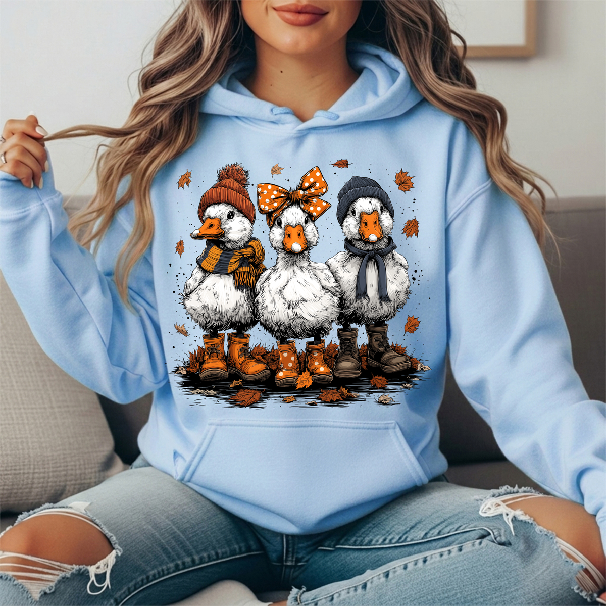 Fall Ducks in Boots & Orange Bow Graphic Hoodie