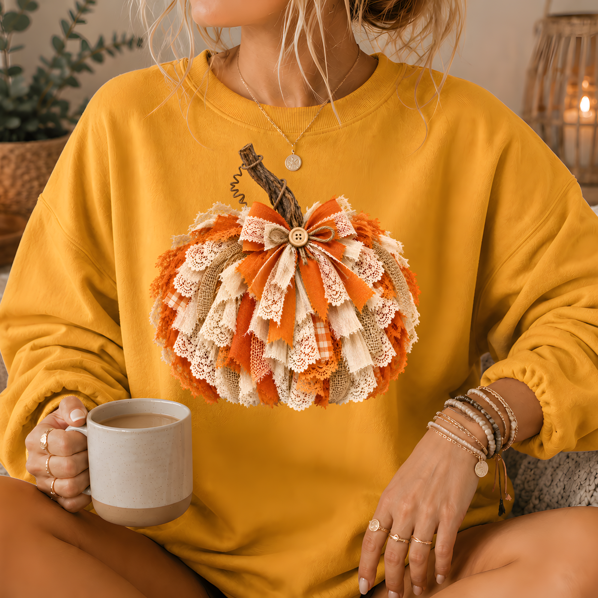 Rustic Lace & Burlap Pumpkin Graphic Crewneck Sweatshirt
