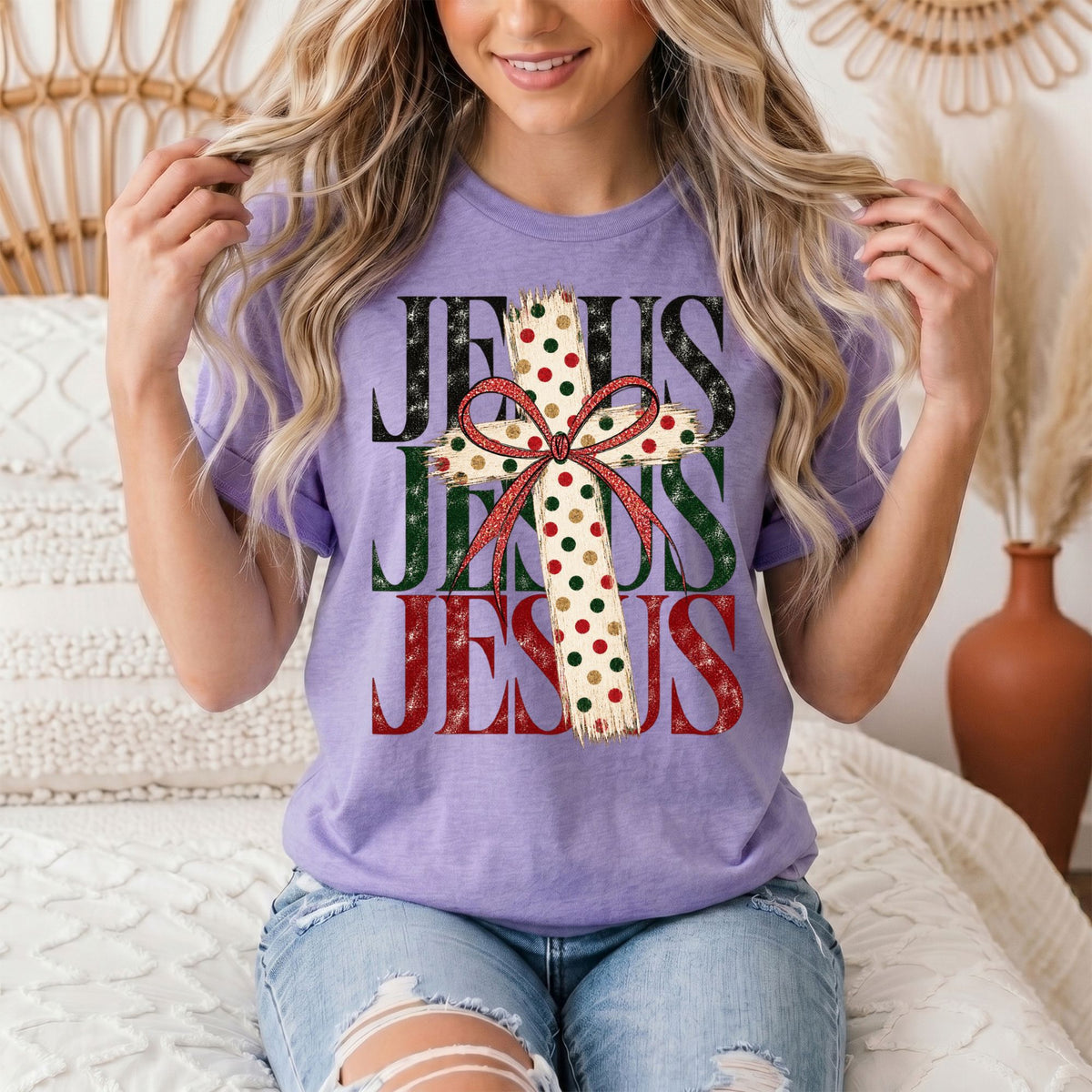 Jesus Christmas Cross & Bow Graphic Tee