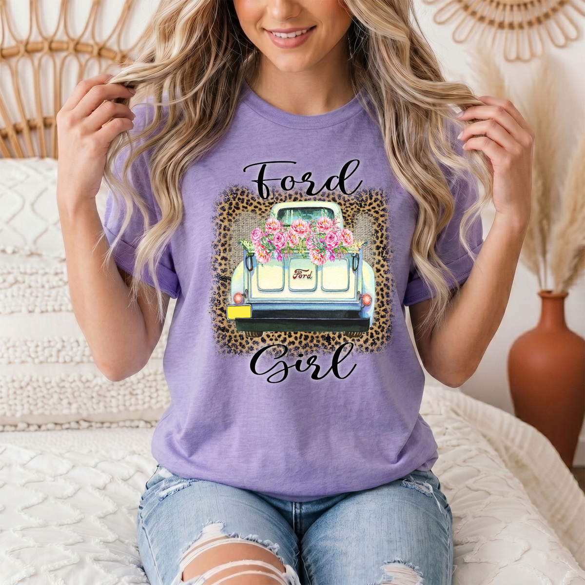 Ford Girl Floral Vintage Truck & Leopard Graphic Tee
