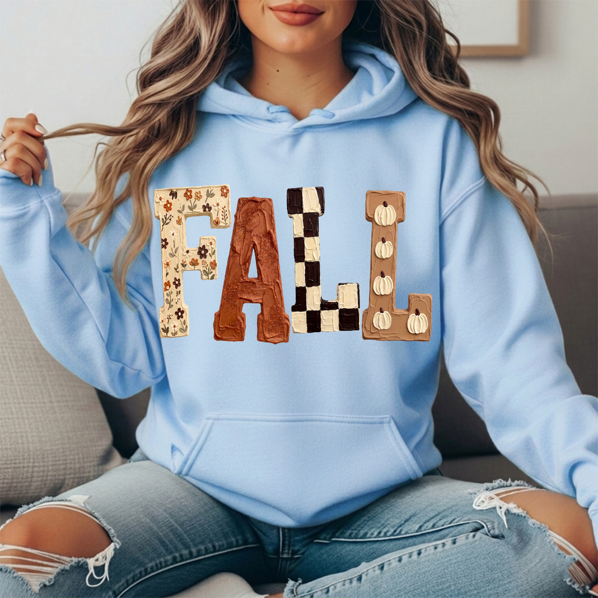 Fall Floral Checkerboard Pumpkin Lettering Graphic Hoodie