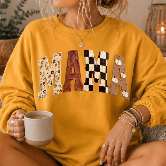 Mama Fall Patchwork Print Crewneck Sweatshirt