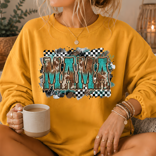 Mama Turquoise Cow Print Western Crewneck Sweatshirt