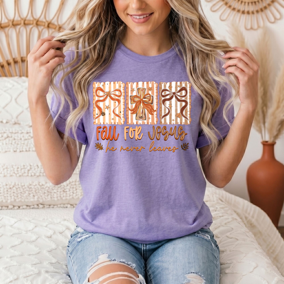 Fall for Jesus He Never Leaves Christian Graphic Tee