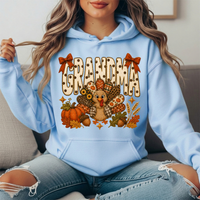 Grandma Thanksgiving Patchwork Turkey Bow Graphic Hoodie