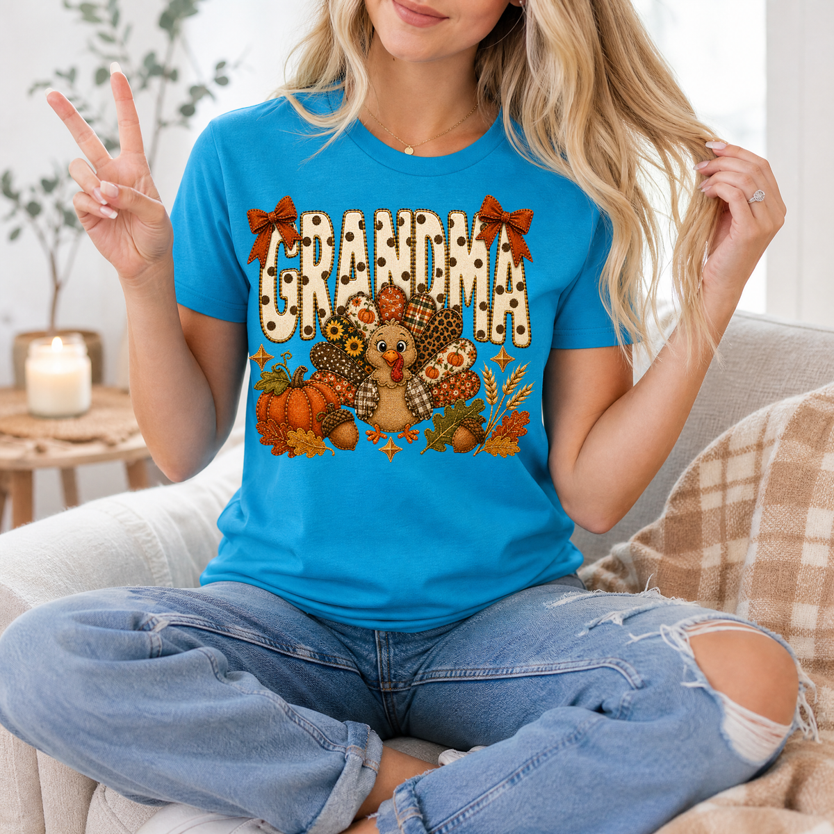 Grandma Thanksgiving Turkey & Bow Graphic Tee