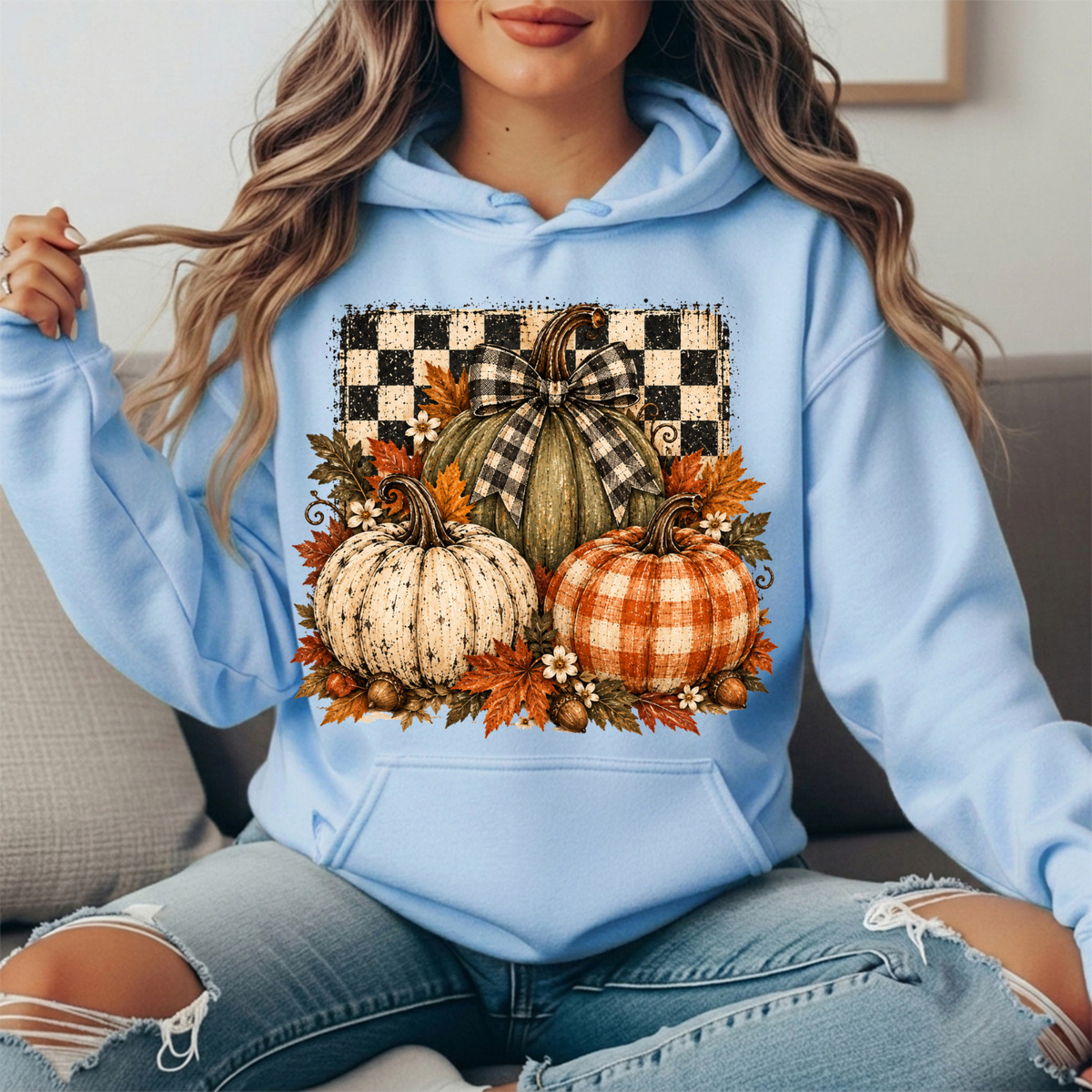 Rustic Fall Pumpkins Buffalo Check Bow Graphic Hoodie