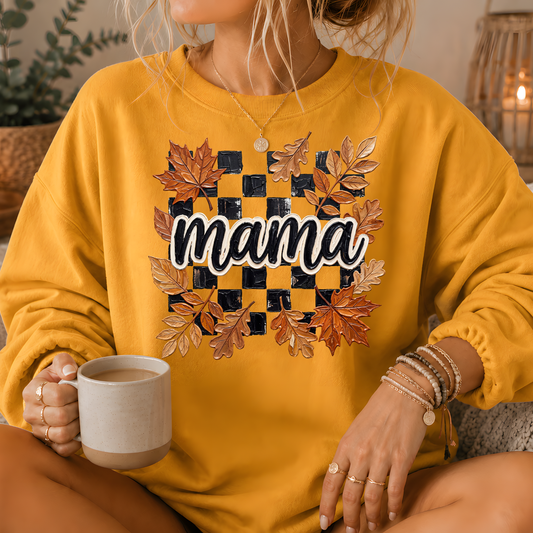 Mama Fall Leaves Checkerboard Crewneck Sweatshirt