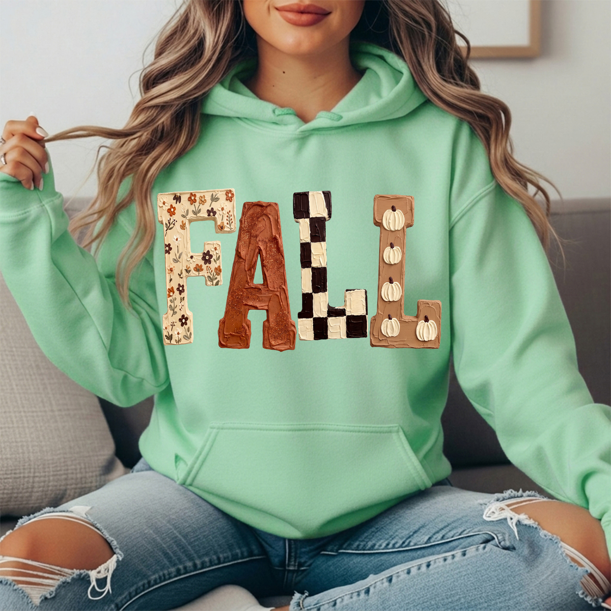 Fall Floral Checkerboard Pumpkin Lettering Graphic Hoodie