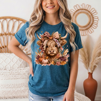 Fall Highland Cow Bow & Pumpkins Graphic Tee