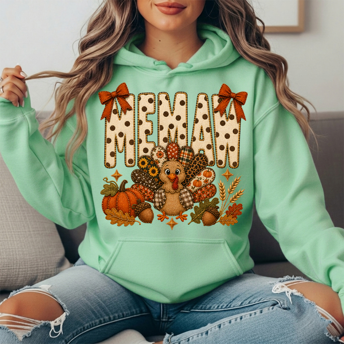 Memaw Thanksgiving Turkey & Rust Bows Graphic Hoodie