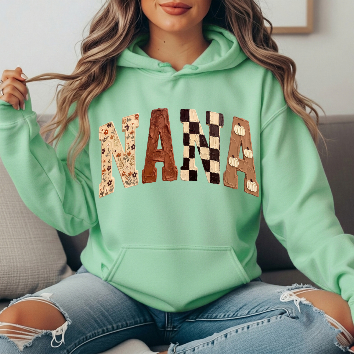 Nana Fall Floral, Checkerboard & Pumpkin Graphic Hoodie