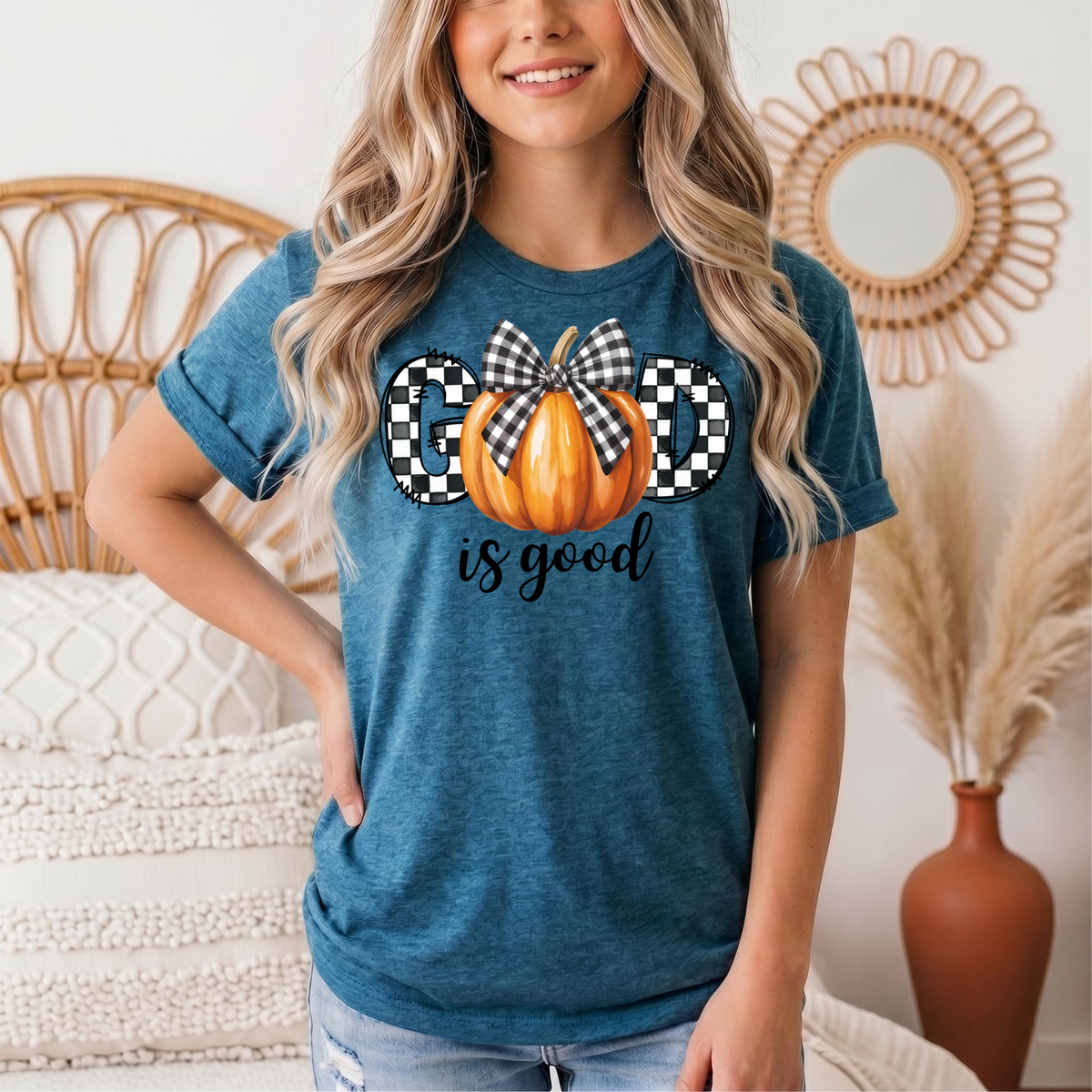 God Is Good Pumpkin & Gingham Bow Graphic Tee