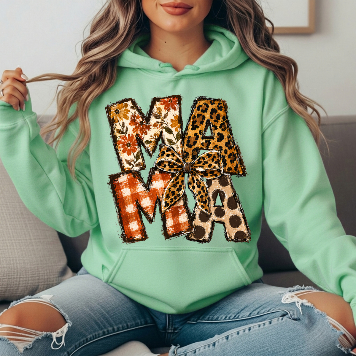 Mama Fall Patchwork & Leopard Bow Graphic Hoodie