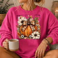 Pumpkin Plaid Bow Floral Crewneck Sweatshirt