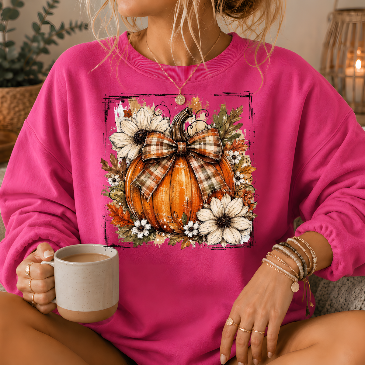 Pumpkin Plaid Bow Floral Crewneck Sweatshirt