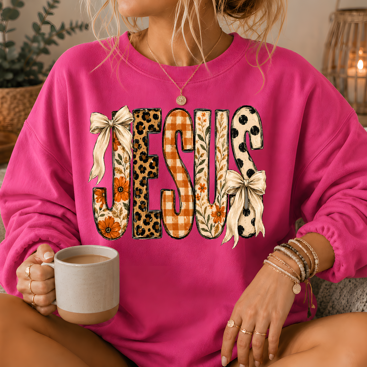 Jesus Mixed Print Bow Crewneck Sweatshirt
