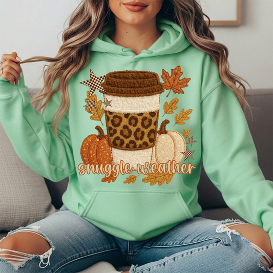 Snuggle Weather Faux Embroidery Coffee Hoodie Sweatshirt