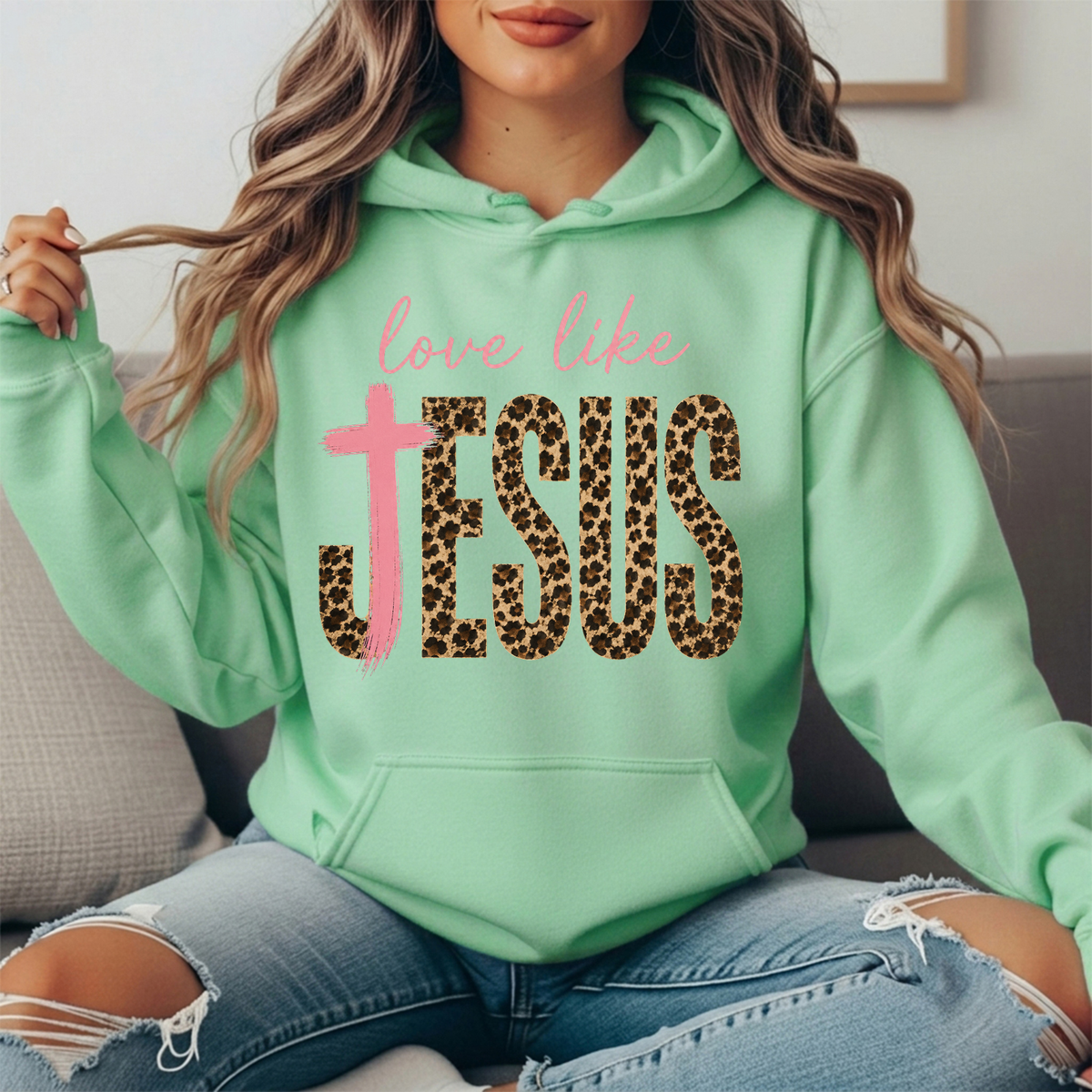 Love Like Jesus Leopard Print Cross Graphic Hoodie