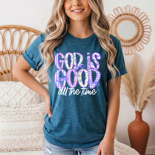 God Is Good All the Time Purple Bow Graphic Tee