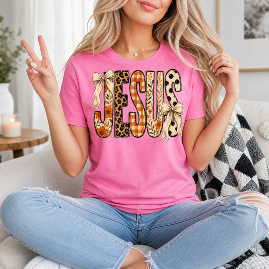 Jesus Floral, Leopard & Gingham Bow Graphic Tee