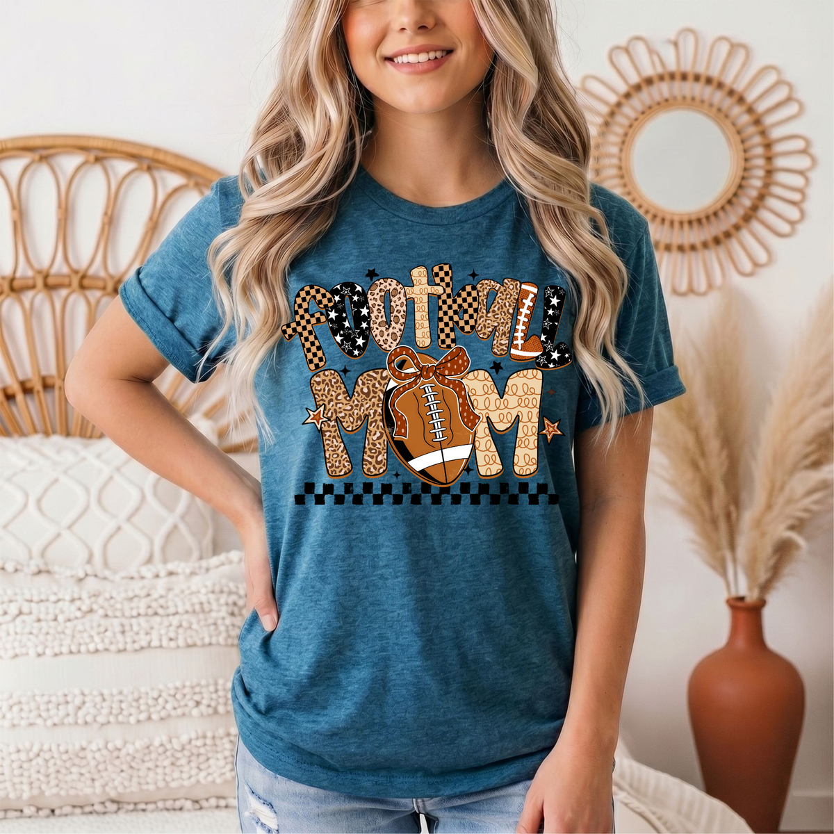 Football Mom Mixed Print Bow & Checkerboard Graphic Tee