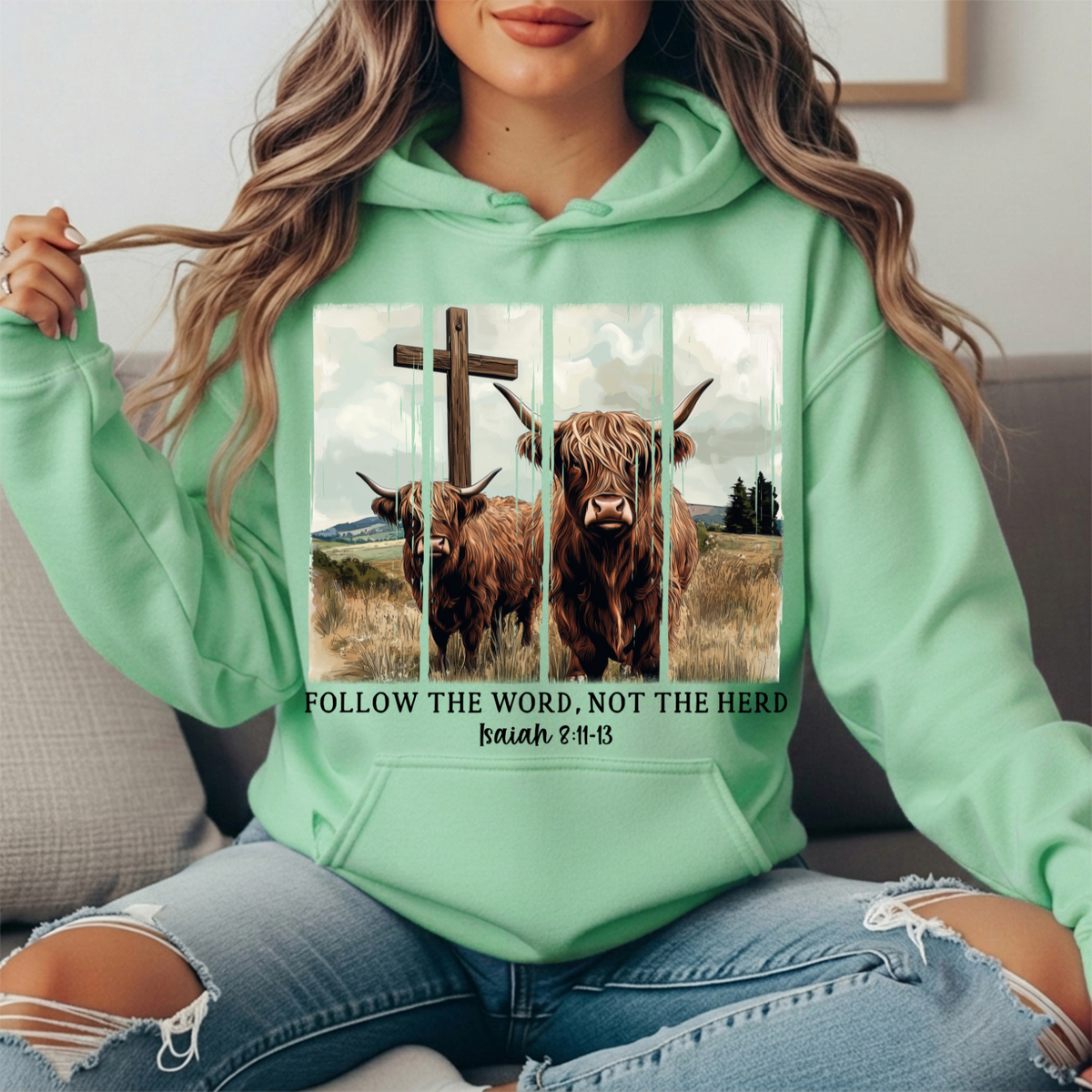 Follow the Word Not the Herd Highland Cow Graphic Hoodie