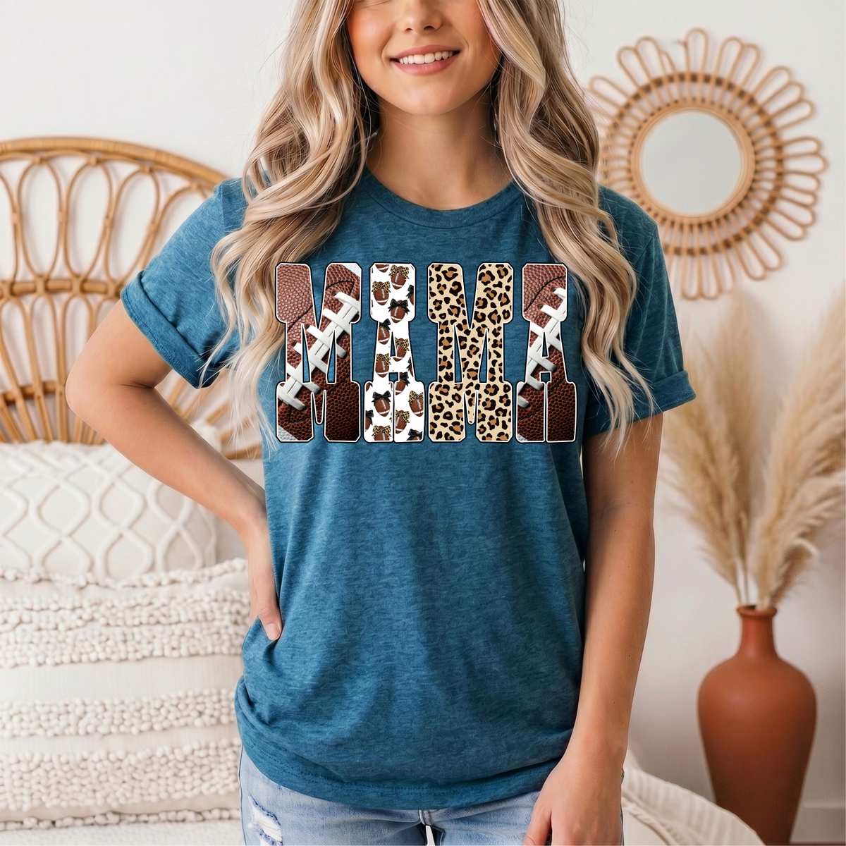 Mama Football & Leopard Mixed Print Graphic Tee