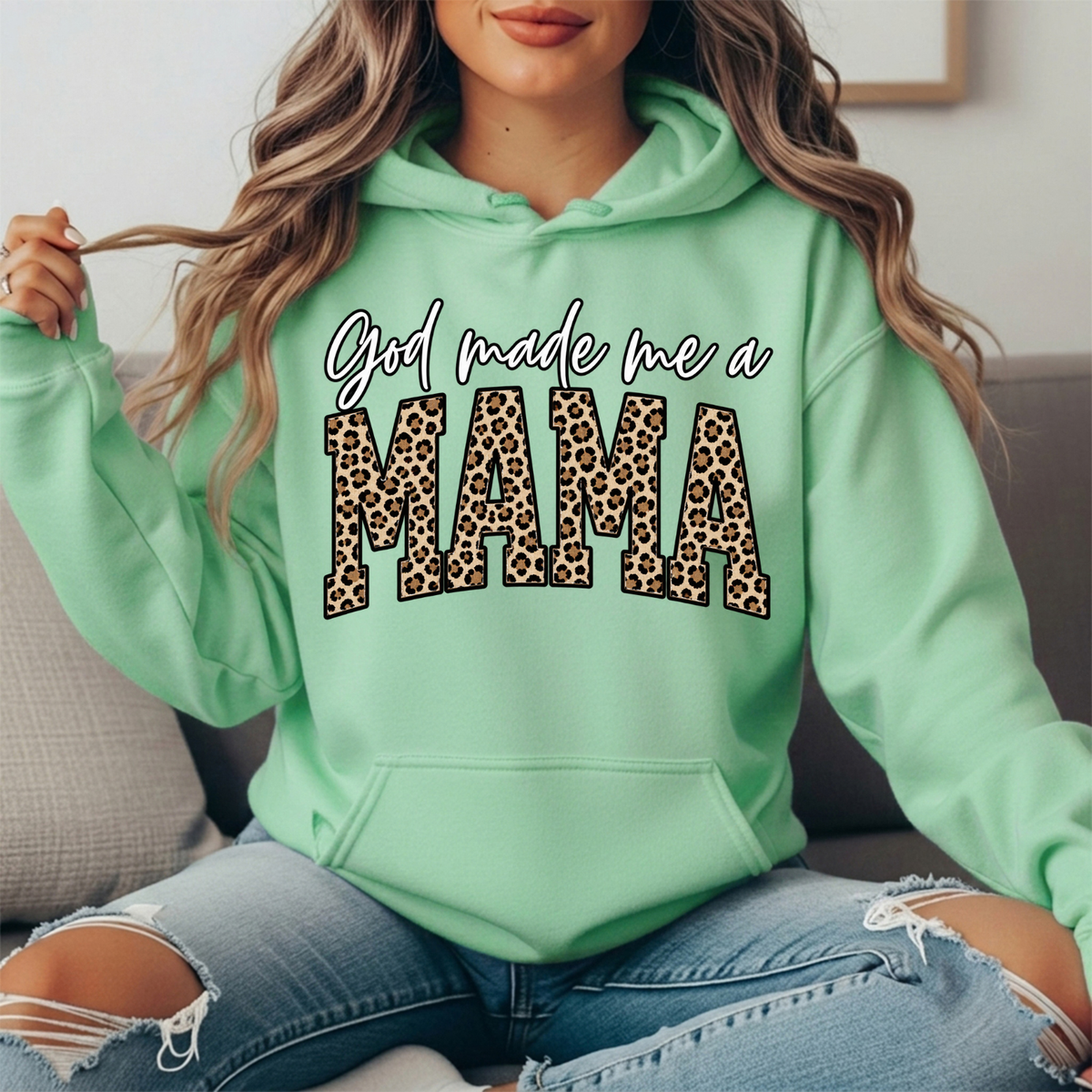 God Made Me a Mama Leopard Print Graphic Hoodie