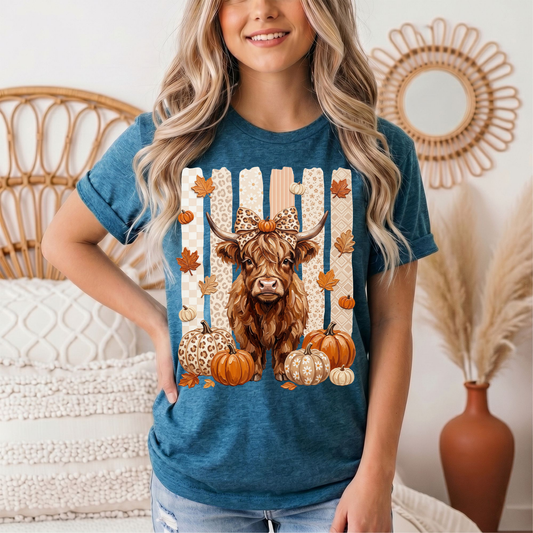 Fall Highland Cow Leopard Bow & Pumpkin Graphic Tee