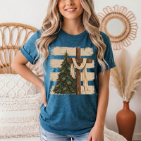Rustic Cross & Christmas Tree Christian Graphic Tee