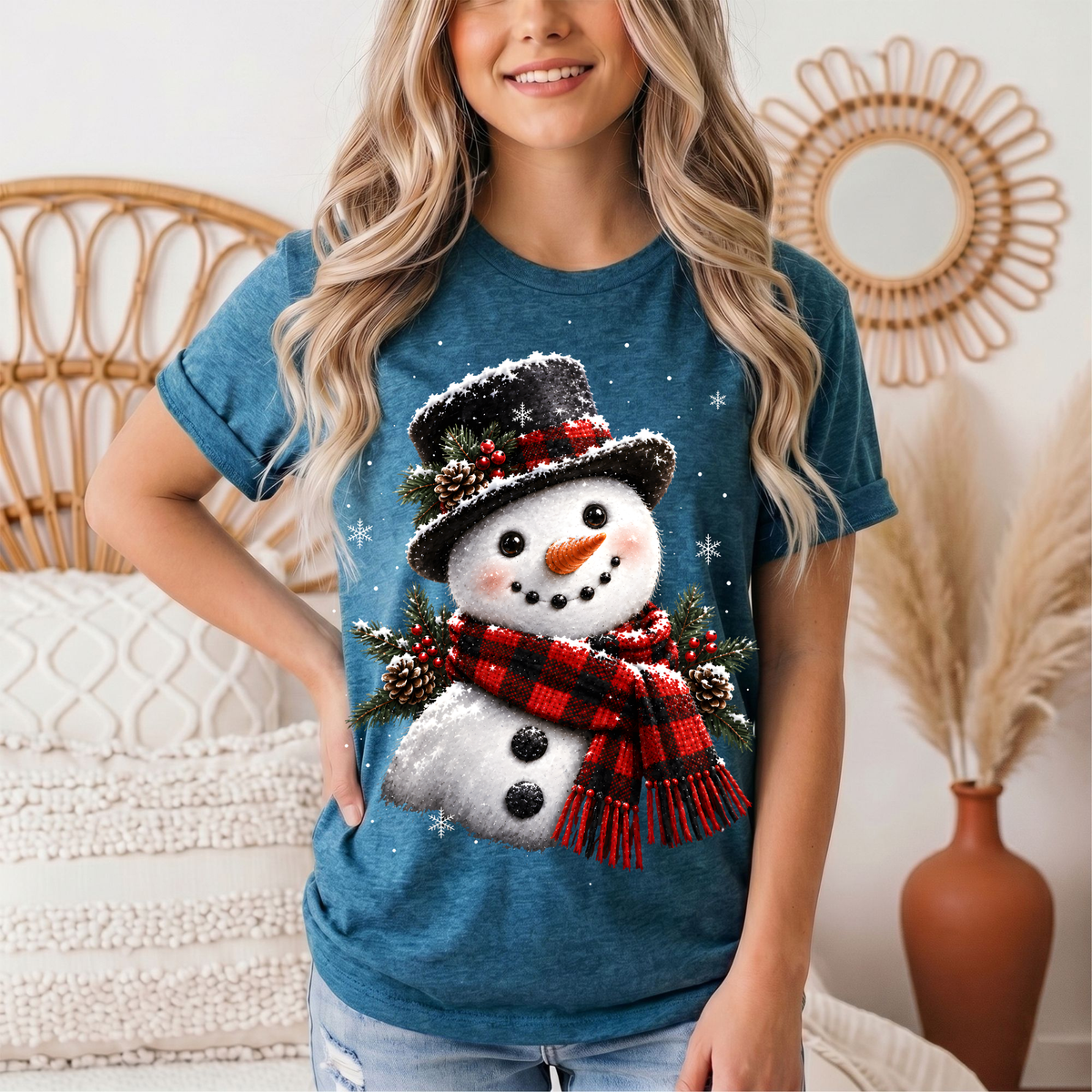 Snowman Buffalo Plaid Scarf Christmas Graphic Tee