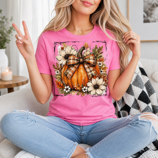 Fall Pumpkin Floral & Plaid Bow Graphic Tee
