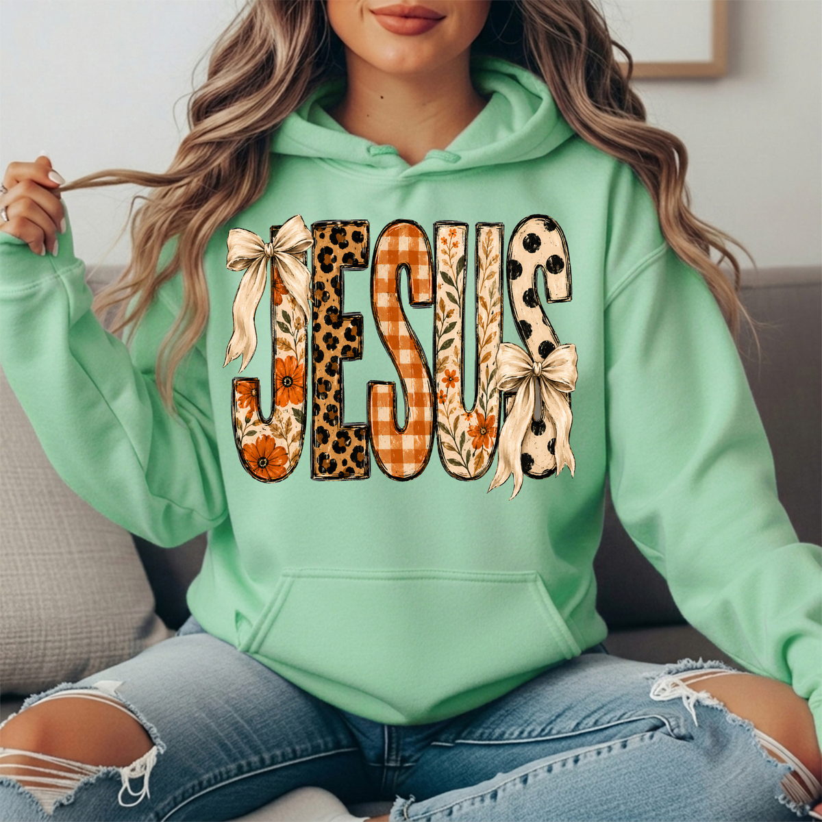 Jesus Patchwork Floral & Bow Graphic Hoodie